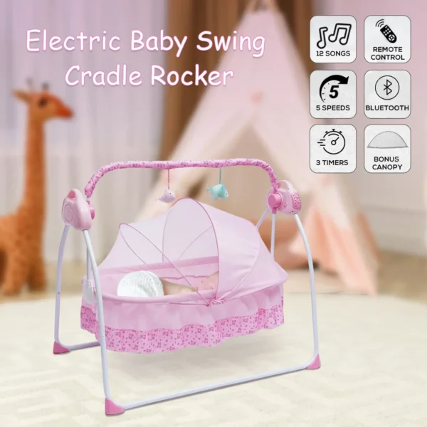 Electric Baby Crib Cradle Infant Bed Sleeping Auto-Swing Rocking Chair Bassinet For Babies 0-18 Months Pink 2