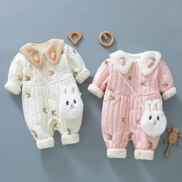 Baby Clothes Newborn Rompers 2024 Winter Cotton-padded Infant Girls Jumpsuit Toddler Embroidered Bunny Turn Down Collar Outwear 1