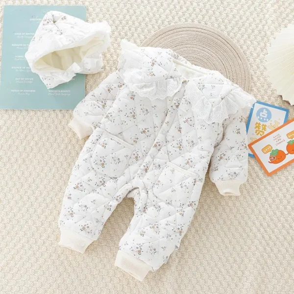 2024 Fall & Winter Baby Clothes 0-2 Y Sweet Toddler Girls Floral Fur Lining Rompers Infant Newborn Warm Jumpsuit with Hat 1