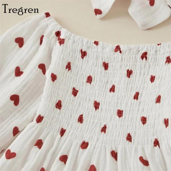 Tregren Infant Baby Girls Valentine's Day Romper Heart Print Long Sleeve Boat Neck Jumpsuits Spring Fall Bodysuits with Headband 5