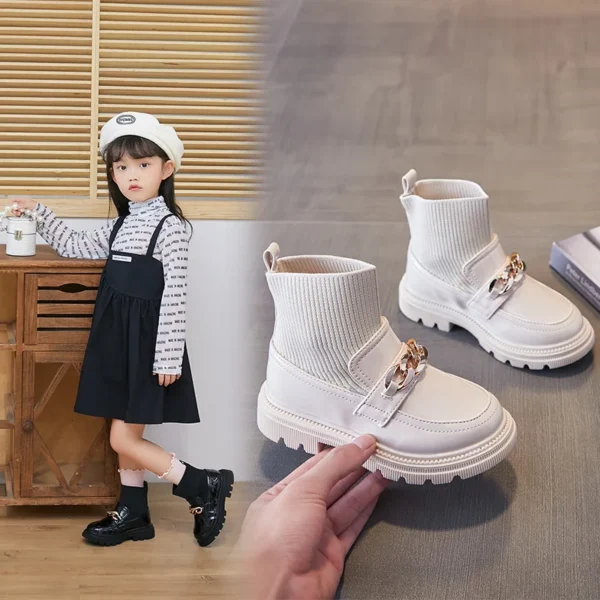 Girls Leather Boots Metal Chains Flying Woven Stitching Princess Boots Kids Leather Soft Sole Boots Children Socks Boots Fashion 4