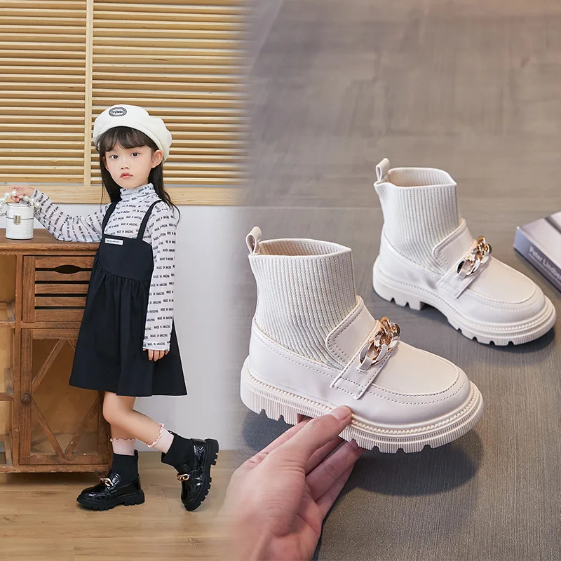 Girls Leather Boots Metal Chains Flying Woven Stitching Princess Boots Kids Leather Soft Sole Boots Children Socks Boots Fashion 4 Girls Leather Boots Metal Chains Flying Woven Stitching Princess Boots Kids Leather Soft Sole Boots Children Socks Boots Fashion 4