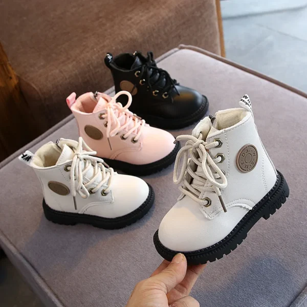 2023 British Spring Autumn Winter Children Boots Boys Girls Leather Boots Plush Waterproof Non-slip Warm Kids Boots Shoes 5