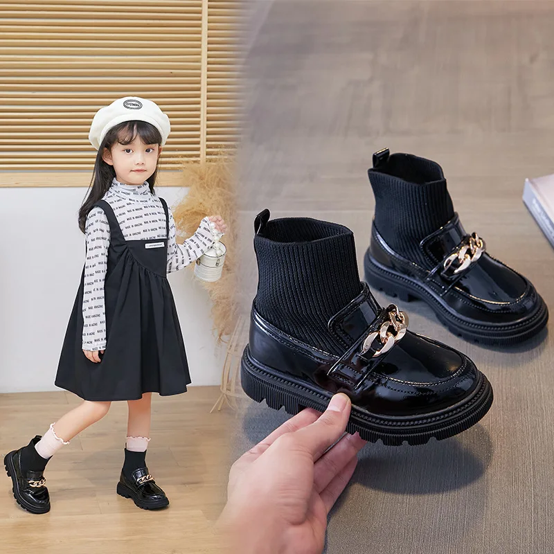 Girls Leather Boots Metal Chains Flying Woven Stitching Princess Boots Kids Leather Soft Sole Boots Children Socks Boots Fashion 3 Girls Leather Boots Metal Chains Flying Woven Stitching Princess Boots Kids Leather Soft Sole Boots Children Socks Boots Fashion 3
