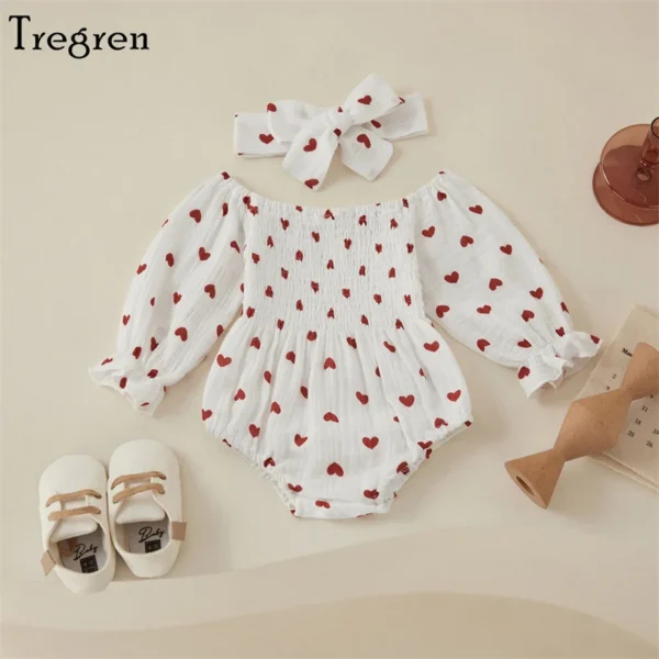 Tregren Infant Baby Girls Valentine's Day Romper Heart Print Long Sleeve Boat Neck Jumpsuits Spring Fall Bodysuits with Headband 2