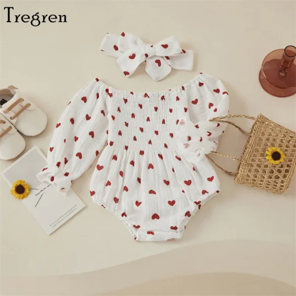 Tregren Infant Baby Girls Valentine's Day Romper Heart Print Long Sleeve Boat Neck Jumpsuits Spring Fall Bodysuits with Headband 1