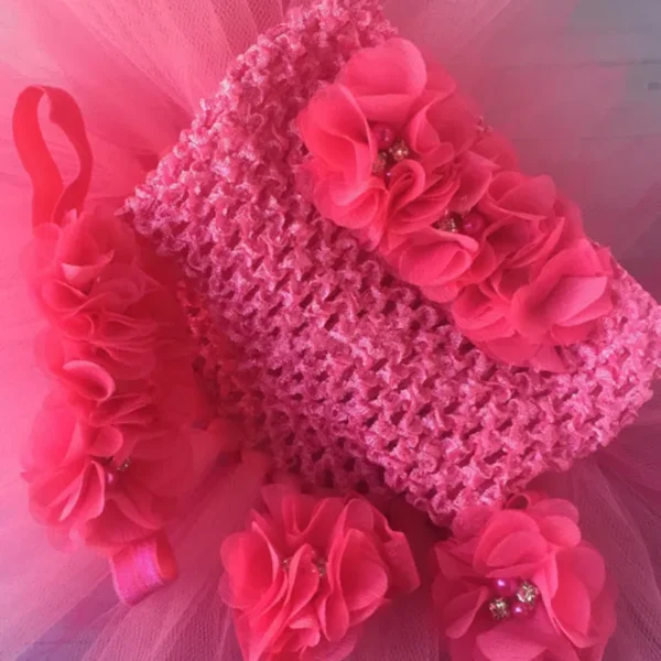 Baby Girls Pink Flower Crochet Tutu Dress Girls Tulle Dress with Hairbow and Foot Rings Set Newborn Birthday Party Costume Dress 3