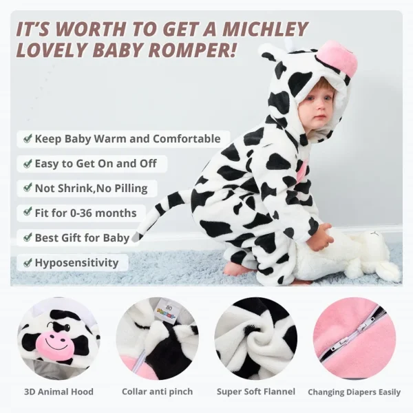 MICHLEY Halloween Winter Baby Rompers Hooded Flannel Toddler Infant Clothes Overall Bodysuits Jumpsuit Costume For Kids Girl Boy 6