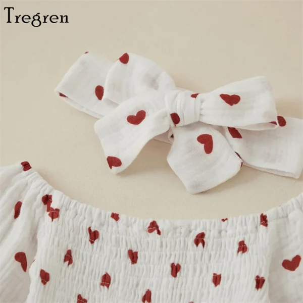 Tregren Infant Baby Girls Valentine's Day Romper Heart Print Long Sleeve Boat Neck Jumpsuits Spring Fall Bodysuits with Headband 4